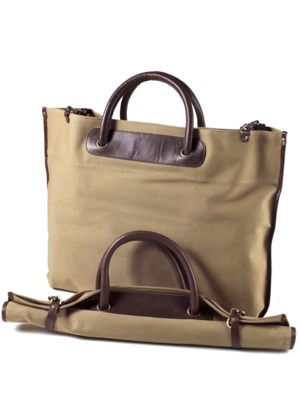 Roll-Up Canvas Leather Trim Tote Brown KhakiTwill Clava American - Perfect!